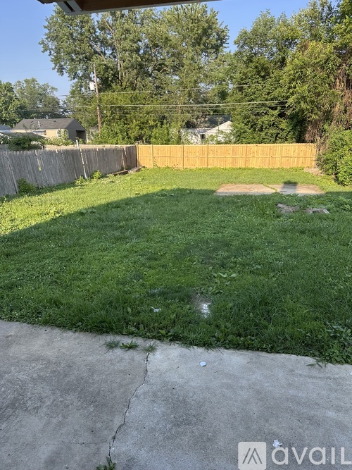 A backyard with a wooden fence and a green lawn.