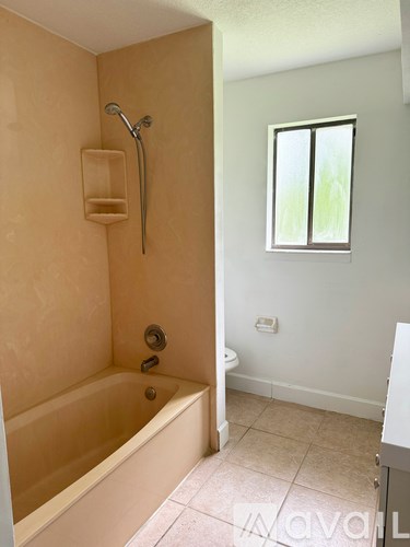 A bathroom with a tub and a window.