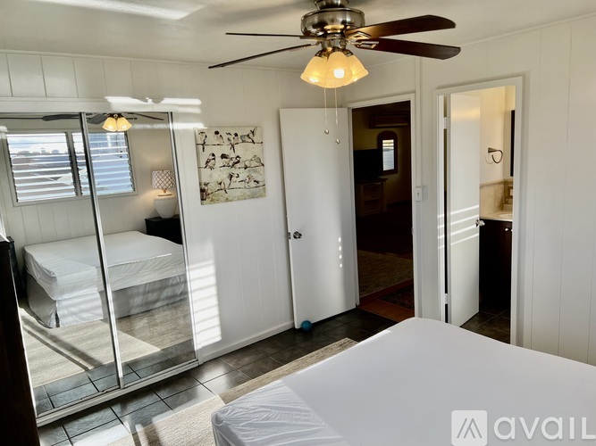 A bedroom with a bed, a ceiling fan, and a mirrored closet door.