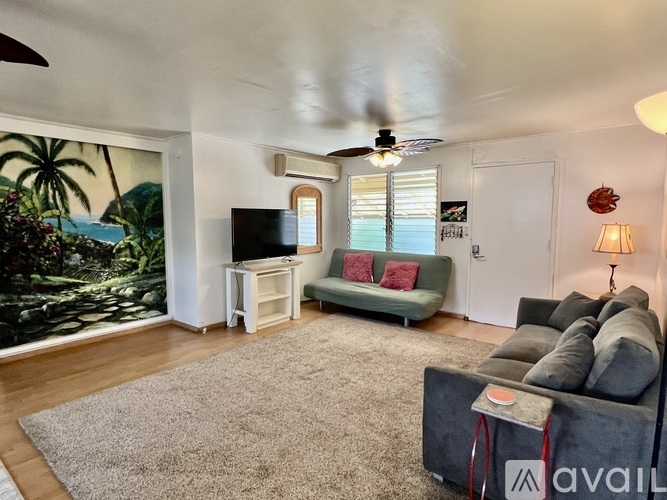 A living room with a couch, a television, a ceiling fan, and a rug.