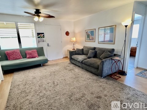 A living room with a green couch and a grey couch.