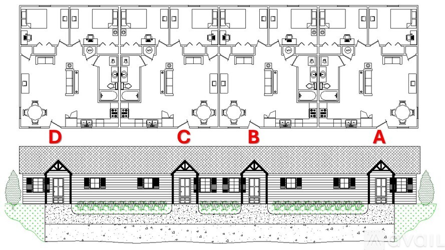 A black and white diagram of a building layout with four labeled sections.