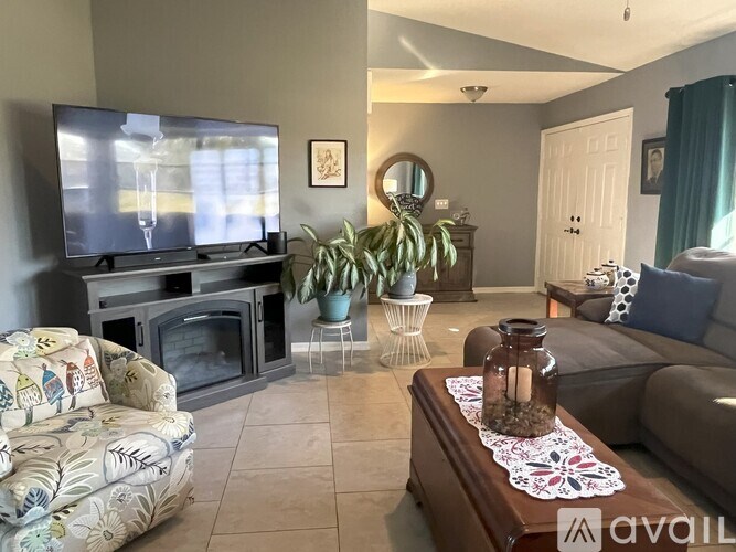 A living room with a television, a fireplace, and a couch.