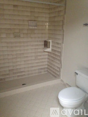 A white toilet in a bathroom with a glass block wall.