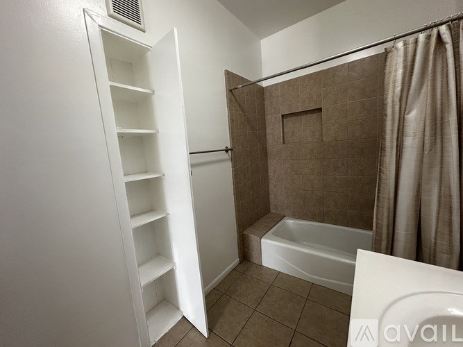 A bathroom with a walk-in shower and a white shelving unit.