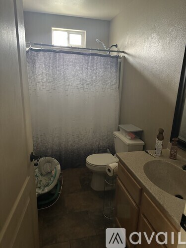 A bathroom with a toilet, sink, and shower curtain.