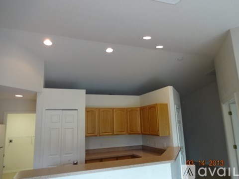 A kitchen with wooden cabinets and a white door.