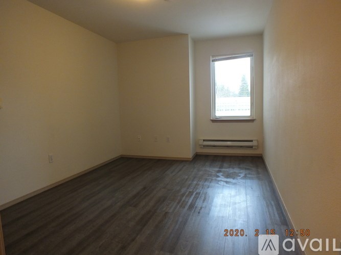 A room with wooden flooring and a window showing a snowy landscape outside.