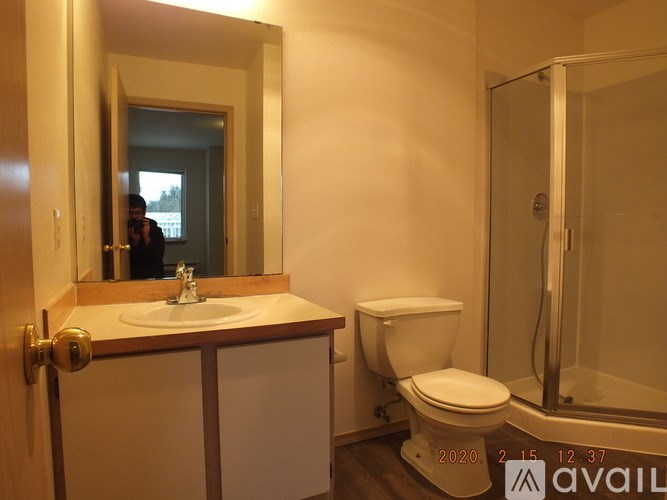 A bathroom with a toilet, sink, and mirror.