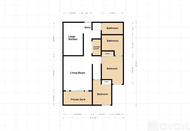 A floor plan of an apartment with a living room, two bedrooms, a kitchen, a bathroom, and a private deck.