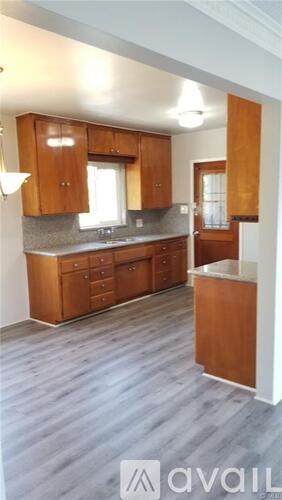 A kitchen with wooden cabinets and a counter.