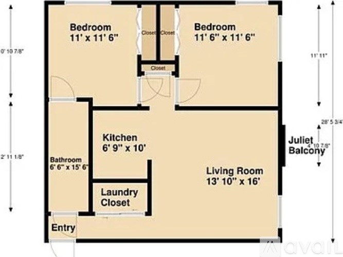 A floor plan of a home with two bedrooms, a living room, kitchen, bathroom, and laundry closet.
