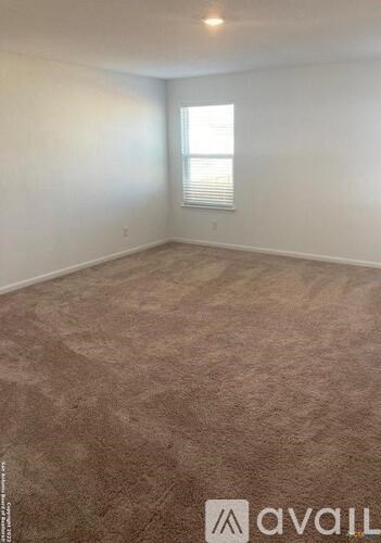 A room with a carpeted floor and a window with blinds.