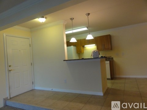 A kitchen area with a counter and cabinets.