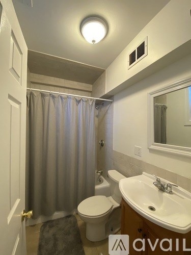 A bathroom with a toilet, sink, and shower curtain.