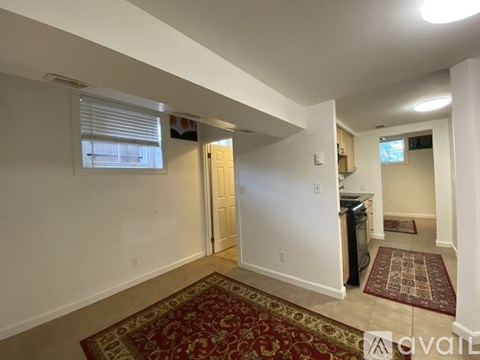 A room with a rug on the floor and a window with blinds.