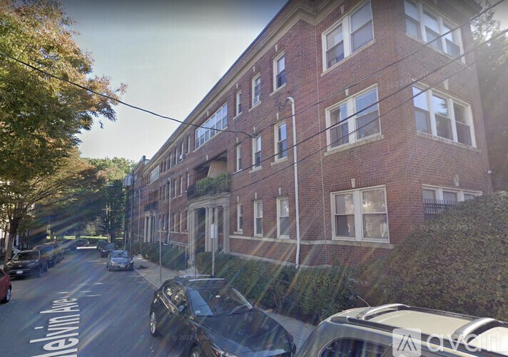 A street view of a residential area with cars parked on the side of the road.