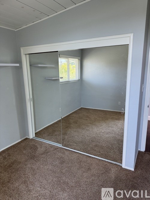 A room with a white door, a white cabinet, and a brown carpet.