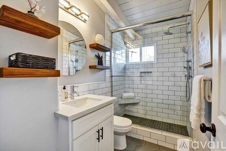 A bathroom with a white sink and a glass shower stall.