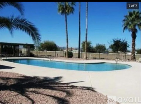 A pool surrounded by palm trees and a fence.