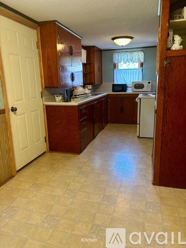 A kitchen with wooden cabinets and a white door.