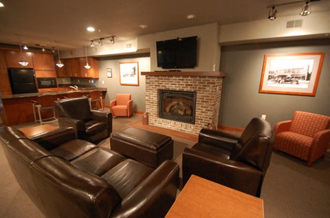 a living room with leather furniture and a fireplace
