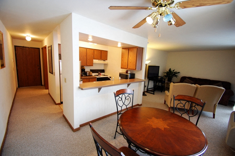 a living room with a dining room table and a kitchen