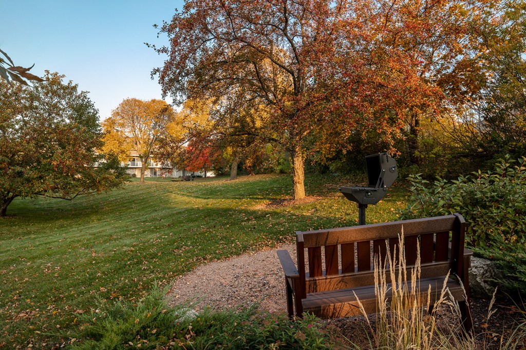 a park bench in the middle of a park with trees