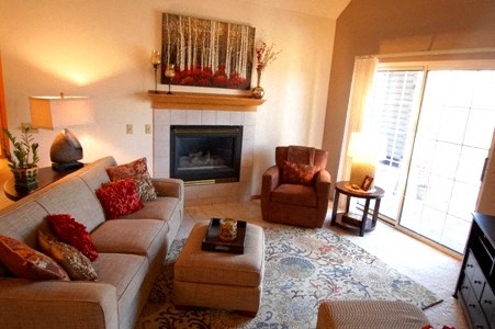 a living room with a couch and a chair and a fireplace