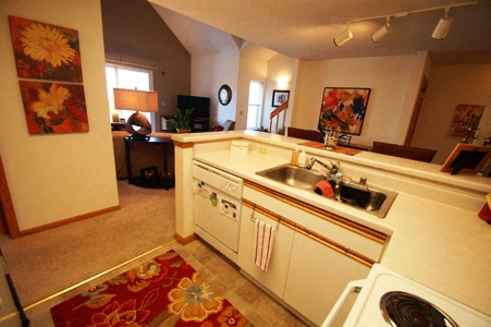a kitchen and living room with a sink and a dishwasher