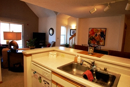 a kitchen and living room with a sink