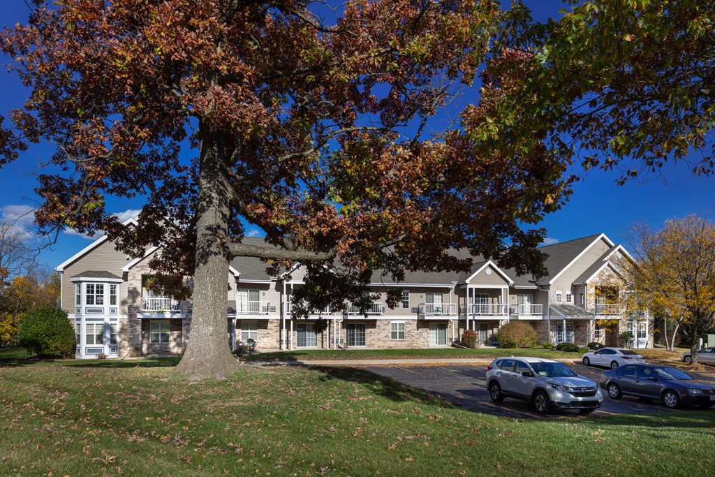 a large building with a tree in front of it