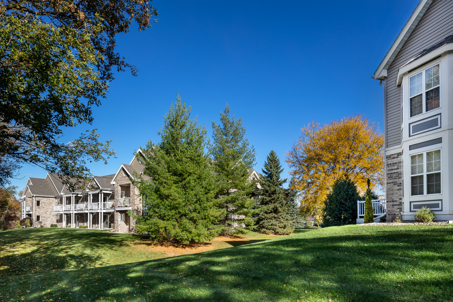 a lawn in front of a house with trees and a blue sky