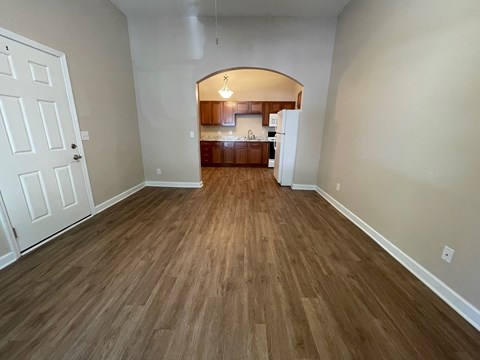 A room with wooden flooring and a white door.