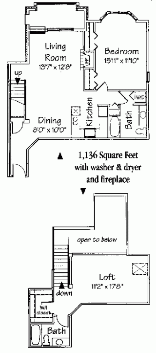 2 bedroom 2 bath corner loft w/fireplace