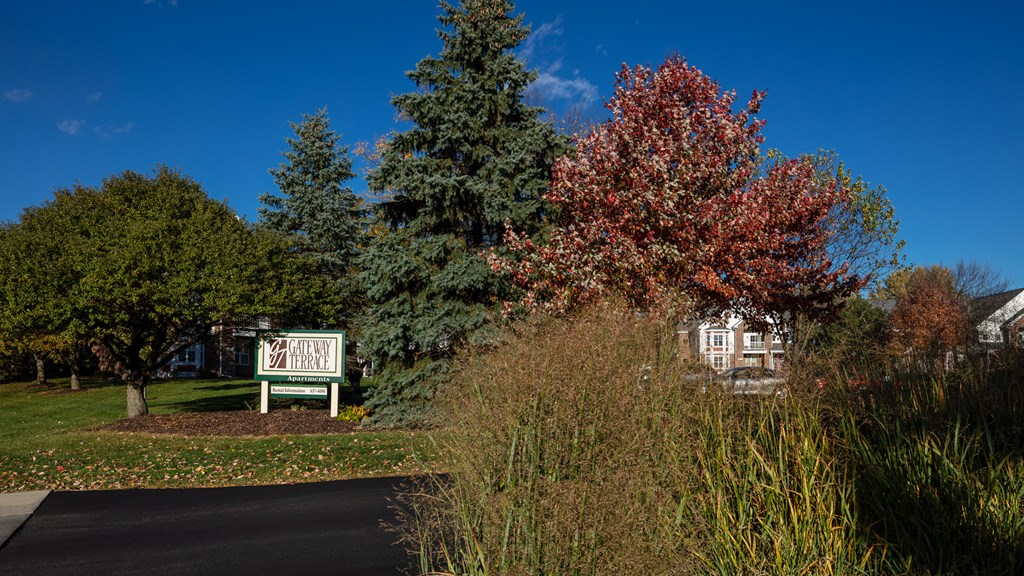 a park with trees and a sign in front of a house