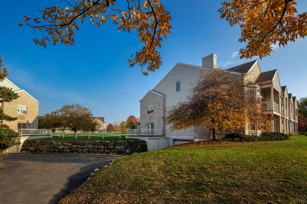 a building with a tennis court in front of it and a tree