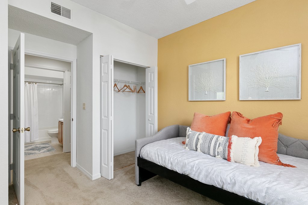 a bedroom with a bed and a closet