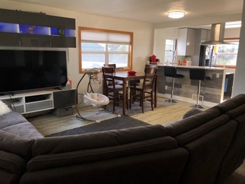 A living room with a grey couch and a television.