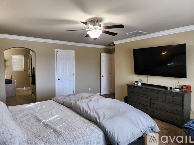 A bedroom with a large bed, a flat screen TV, and a ceiling fan.