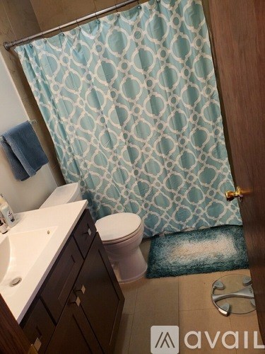 A bathroom with a toilet, sink, and shower curtain.