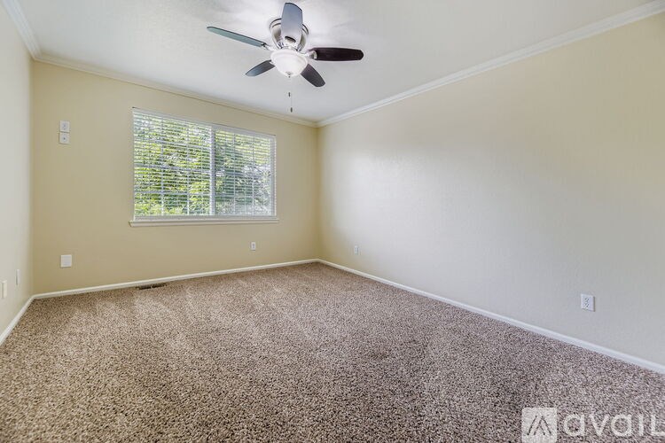 A room with a ceiling fan and carpeted floor.