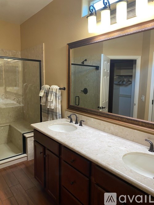 A bathroom with a sink, mirror, and shower.