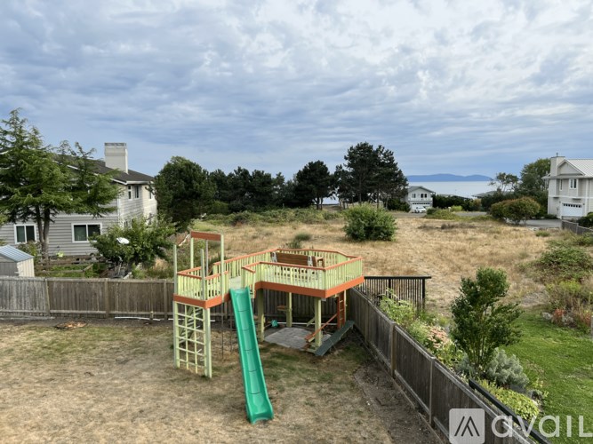A backyard with a play structure and a green slide.
