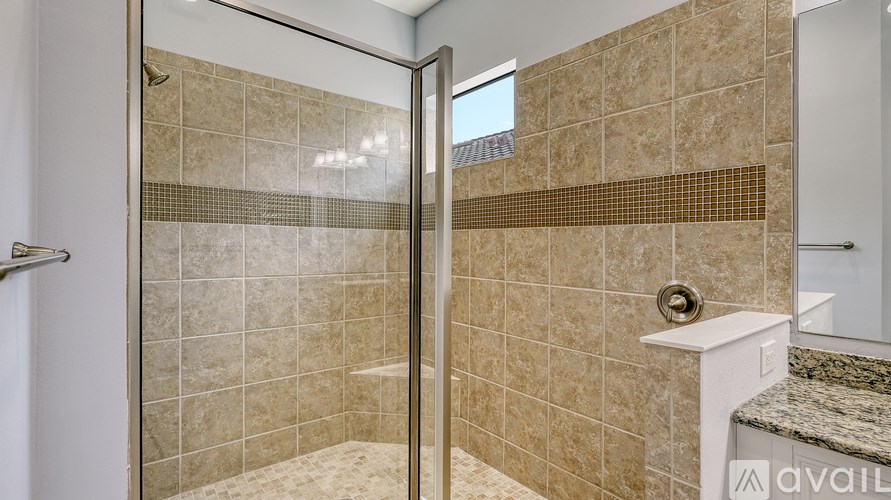 A bathroom with a walk-in shower and a counter.