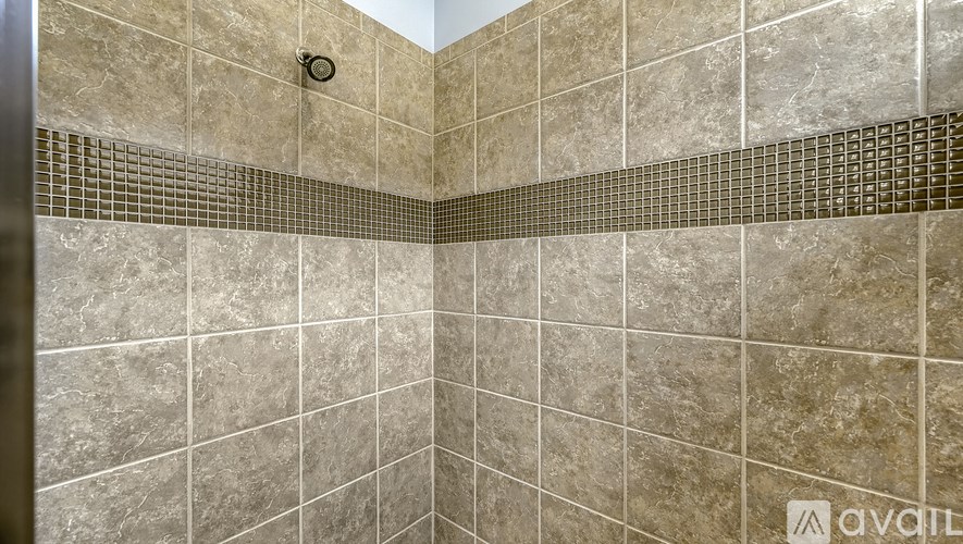 A shower area with tiled walls and a drain.