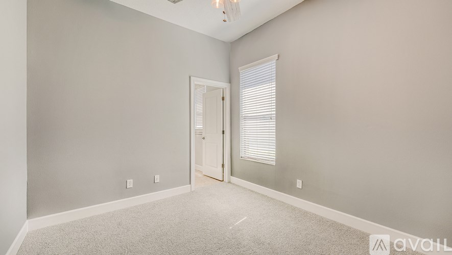 A room with a door and a window with blinds.