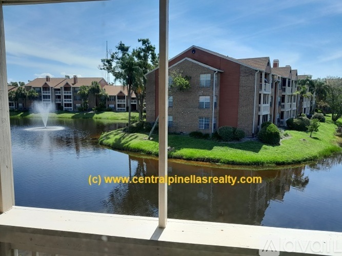 A view of a pond through a window with a building in the background.