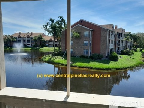 A view of a pond through a window with a building in the background.