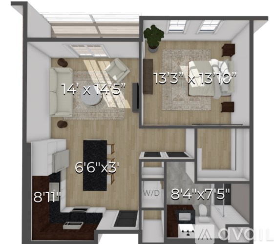 A 3D floor plan of a small apartment with a kitchen, living room, and bathroom.